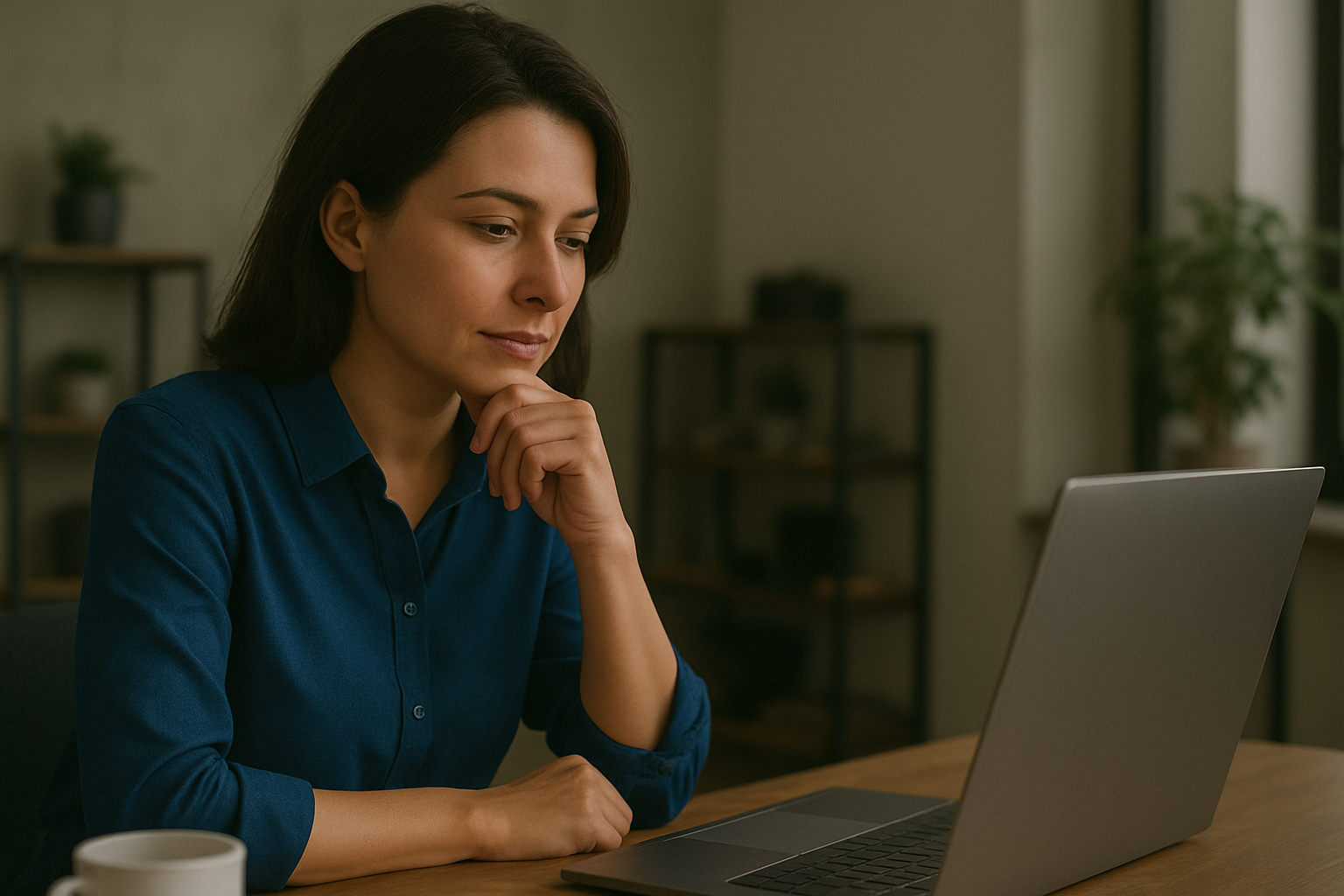 Empreendedora sentada de frente a um notebook, planejando abertura de loja virtual