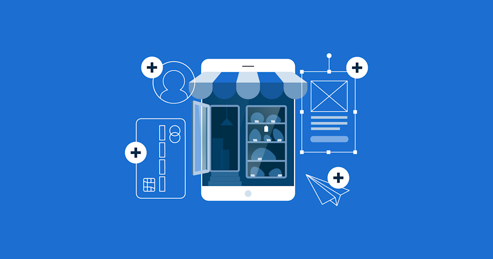 Ilustração conceitual de loja virtual e plataforma de e-commerce em um smartphone, representando a gestão de pedidos e soluções SaaS para hospedagem de sites de e-commerce